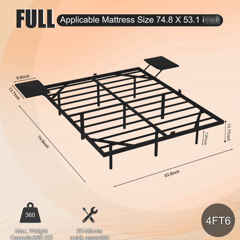 Structure de lit pleine grandeur en métal noir avec DEL, assemblage facile et sans effort, expérience de sommeil stable, supportant 800 livres, lattes en acier renforcé pour le positionnement du matelas, dortoir sous le rangement