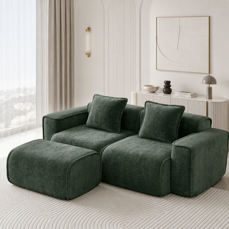 Canapé modulaire en L sans siège avec repose-pieds et sans assemblage, 2-Seater & 1-Ottoman, Green