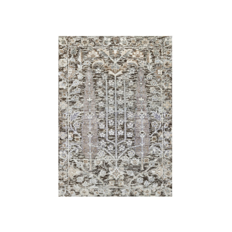 Tapis gris en soie et laine noué à la main 2 pi 1 po x 2 pi 11 po