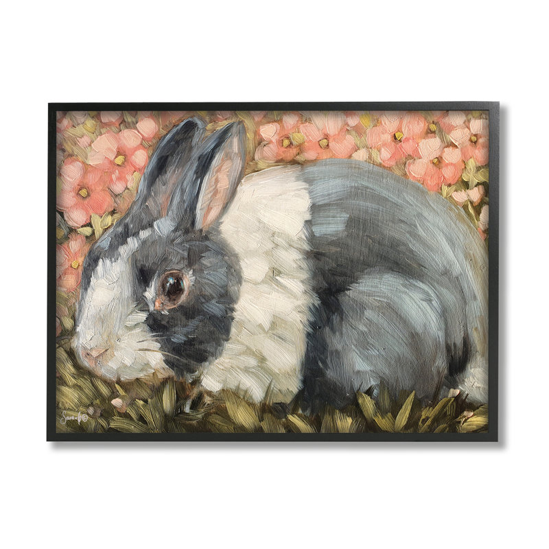 Lapin sauvage et prairie fleurie rose par Sara G. Designs - peinture sur bois à cadre flottant, Giclée encadrée noir minuit