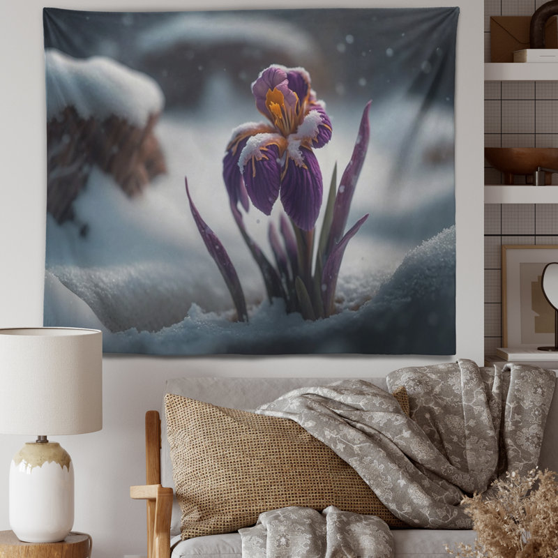 Polyester - Fleur iris mauve en tapisserie d'hiver, H 32 po x l 39 po