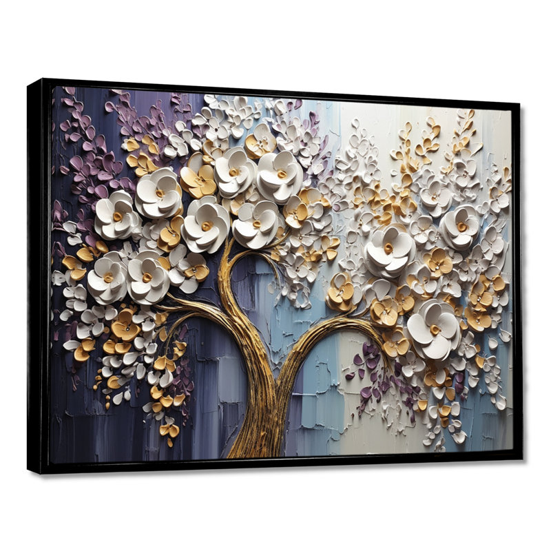 Arbre en fleurs avec fleurs blanches II, H 24 po x l 32 po, Cadre flottant noir, bois massif