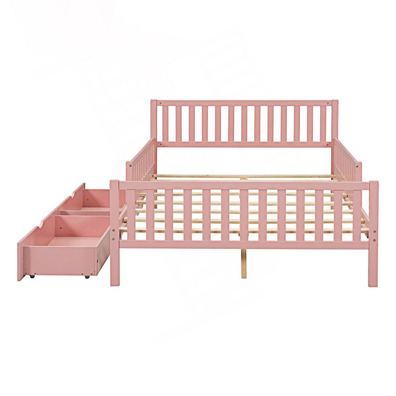 Lit plateforme moderne avec garde-corps sur les deux côtés et 2 tiroirs de rangement modernes, Lit double, Rose