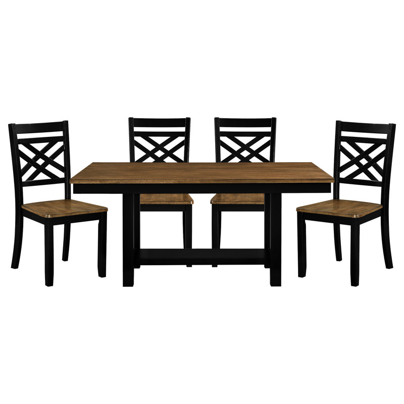 Table de salle à manger rustique 5 pièces avec finition brun noir 2 tons, table rectangulaire et 4 chaises confortables pour repas brun contemporain, tablette fonctionnelle