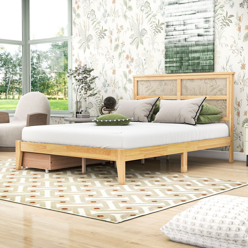 Lit plateforme en bois avec tête de lit en rotin et 2 tiroirs, Double, White Oak