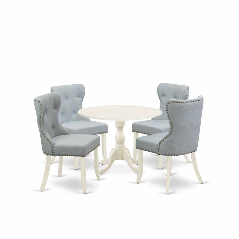 5 Piece Kitchen Table Set for 4 Includes a Round Dining Room Table with Dropleaf and 4 Baby Blue Linen Fabric Parson Dining Chairs, Linen White