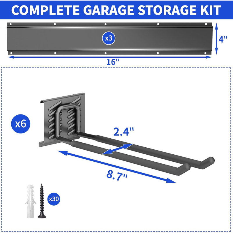 Rangement mural robuste pour outils de garage 480 LBS, système de rangement réglable à 3 rails avec crochets recouverts de caoutchouc pour outils de jardin et rangement de remise