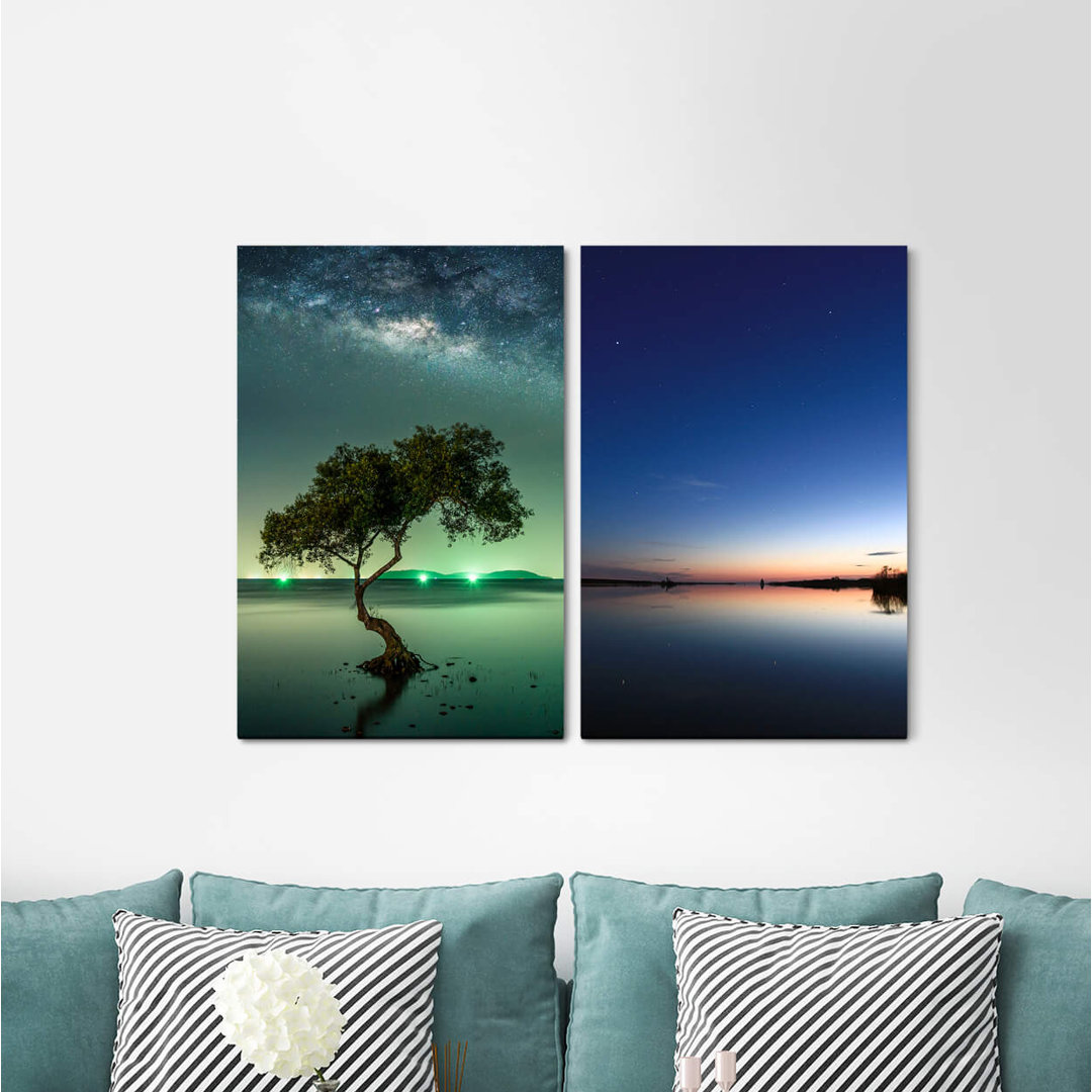 2-tlg. Leinwandbilder-Set - Grafikdruck „Lonely Tree Milky Way Galaxy Lake Green Blue Dusk”