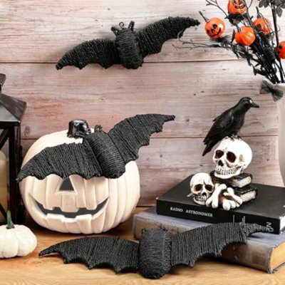 3 pièces de chauve-souris en rotin tissé, décoration d'Halloween, chauves-souris noires effrayantes fabriquées à la main en 3D, décorations effrayantes de ferme rustique naturelle pour porte de foyer