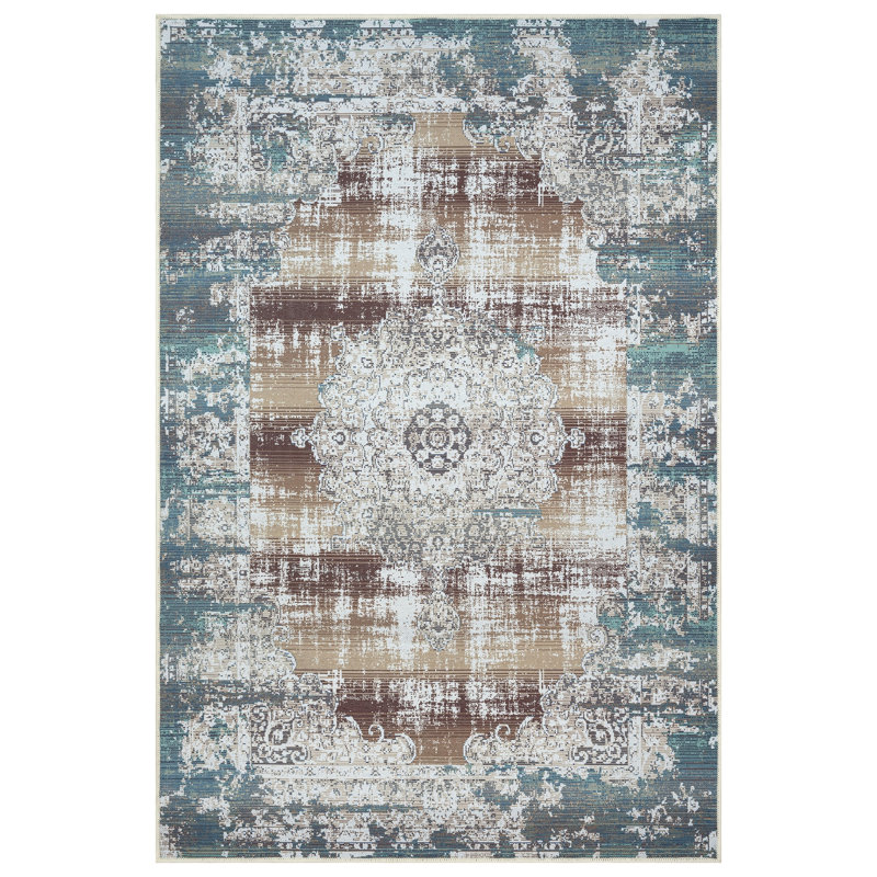 GLN Rugs Vintage Collection - Machine Washable Area Rug, Vintage Washable Rug, Non Slip Area Rug, Low Pile Living Room Rug, Bedroom Rug, Bathroom Rug - Easy Clean (Blue and Tan Rug)
