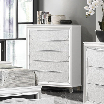 Commode 5 tiroirs en bois avec pieds en cristal acrylique blanc perle