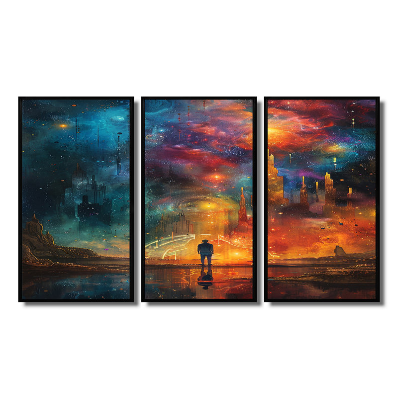 «Wanderer In Distant Urban Land - Space Paysages», ensemble d'art mural, Cadre flottant noir, H 32 po x l 48 po x P 1 po