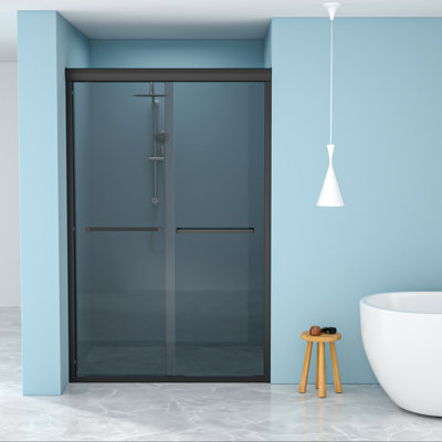Double Sliding Glass Shower Door, 8Mm Laminated With Reinforced Corners, Matte Black 304 Stainless Steel, Reversible Design, Scum Coating, Easy Cleaning 76"H Tempered Glass, Scum, Dry Bathroom Zone