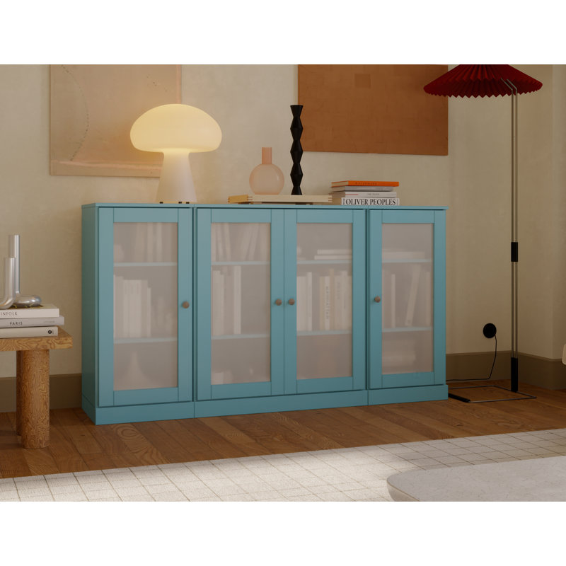 Buffet 100% bois massif 65 po avec portes en verre givré et tablettes réglables, Bleu aqua