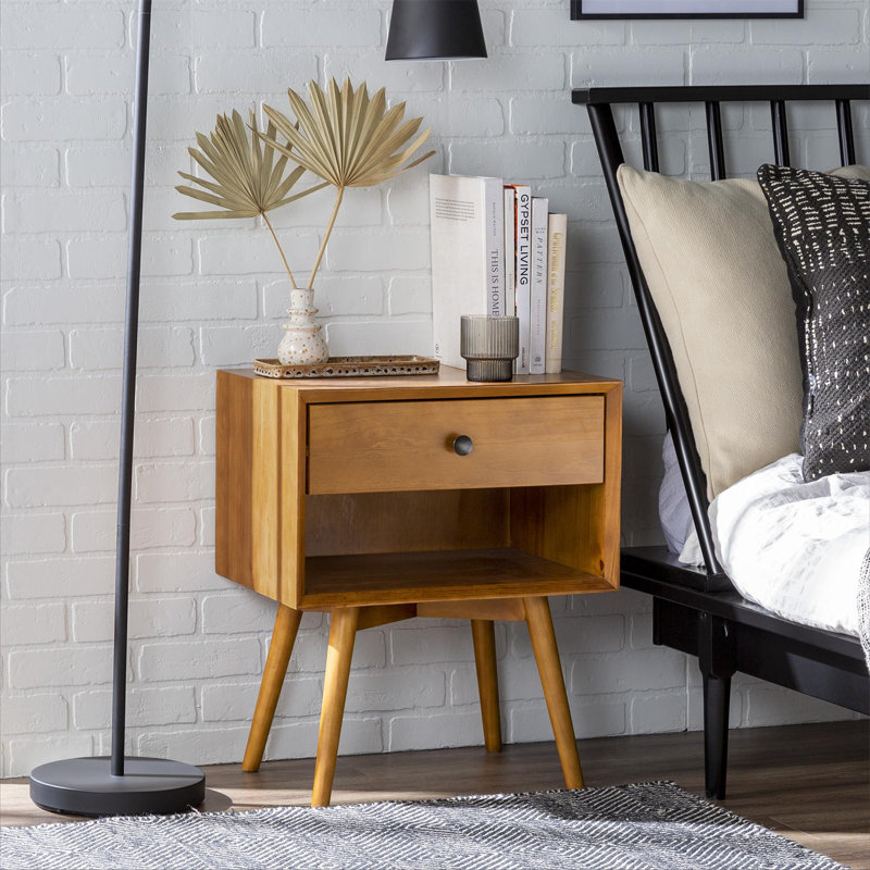 Table de chevet 1 tiroir Mid-Century, Caramel