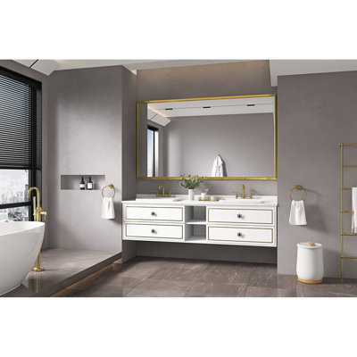 Miroir de salle de bain 60 po x 48 po avec cadre en aluminium - Or brossé, verre HD, pour salle de bain, meuble-lavabo, chambre à coucher, salon, couloir, vestibule, foyer