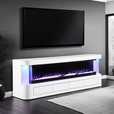 Meuble télé blanc contemporain avec foyer électrique avec affichage à 3 niveaux de luminosité et d'arrêt du temps pendant 6 heures, fait de pin, de verre, de bois d'ingénierie en métal, idéal pour la flamme de l'espace de vie principal