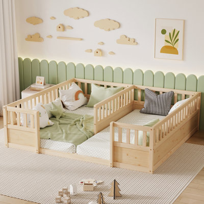 Double Pine wood Twin Floor Bed with Semi-Enclosed Safety Guardrails, Open Entrance,Natural