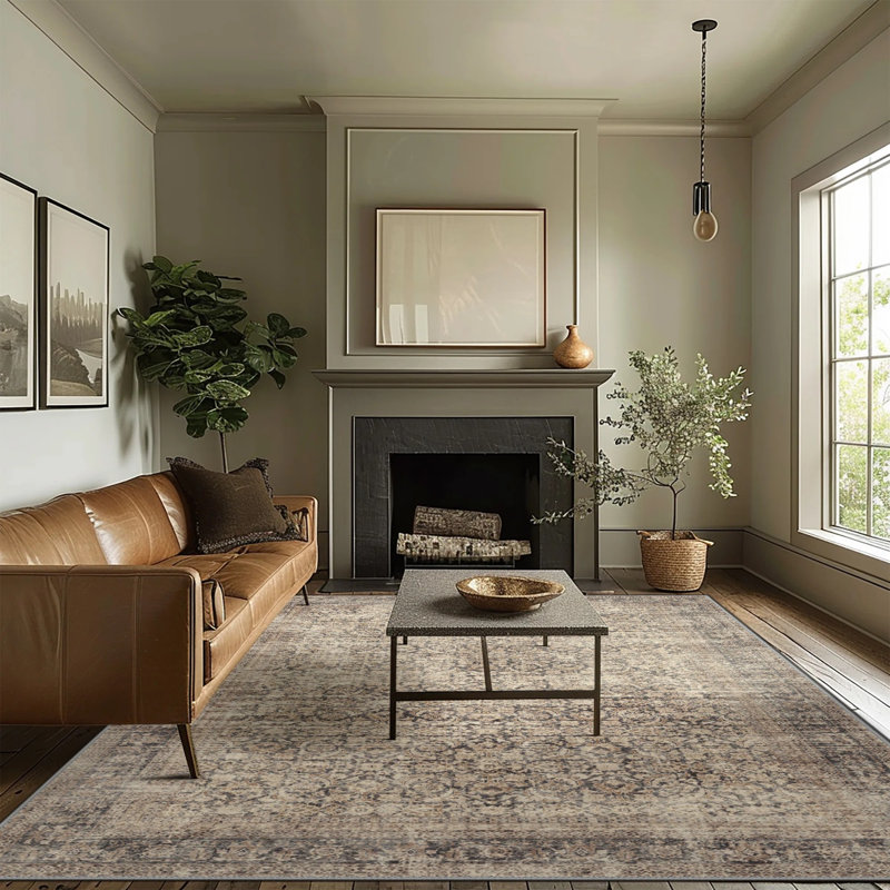 Vintage Distressed Oriental Washable Non-Slip Neutral Gray / Sage Indoor  Area Rug , Rectangle 5' x 7'