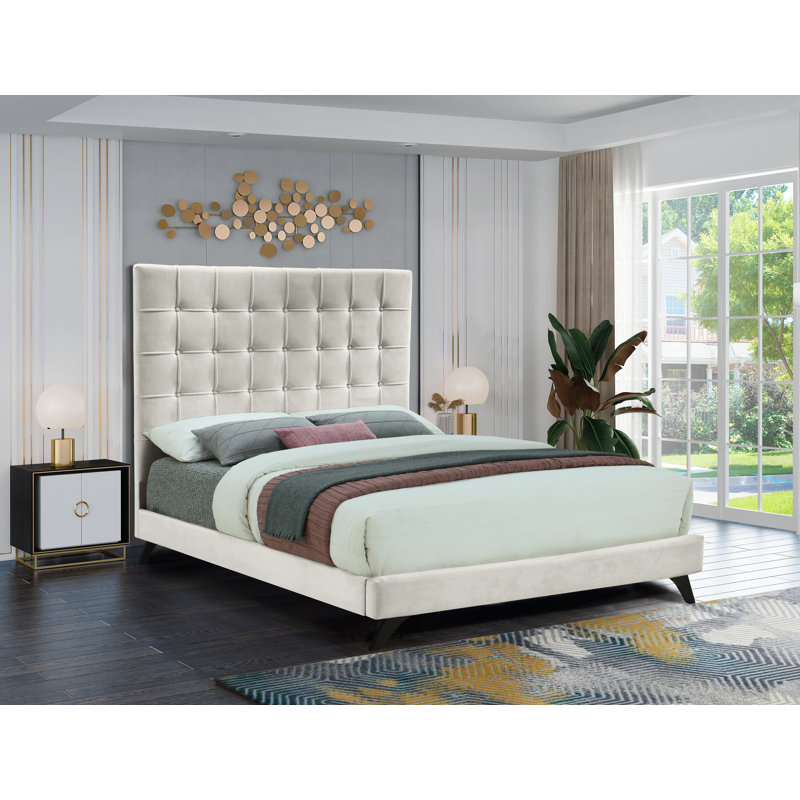 Lit plateforme tapissier Elly, Velours crème, Lit double