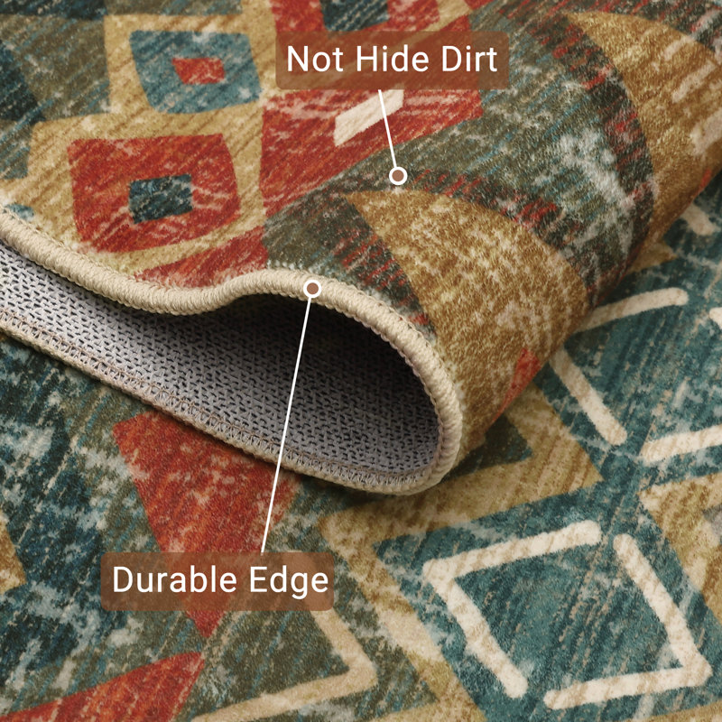 Area Rug 9' x 12' Washable Low Pile Geometric Printed Floor Cover Non Slip Distressed Indoor Throw Rug Foldable Soft Ultra Thin Farmhouse Carpet for Living Room Home Office, Colorful