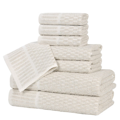 Juno Viscose Cotton Blend Medium Weight Textured Checkered Ribbed Border Towel Set