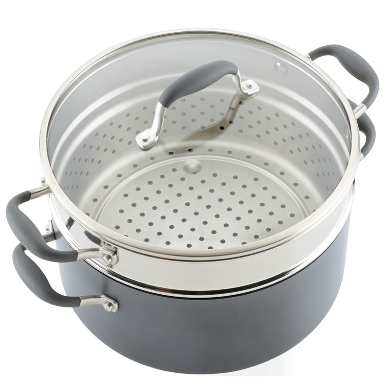 Anolon Advanced Home Hard Anodized Nonstick Wide Stockpot With Steamer Insert Set, 3-Piece,  8.5-Quart, Gray