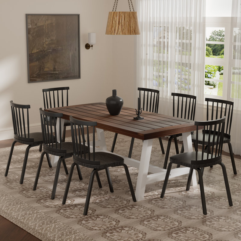 Ensemble de salle à manger Farmhouse, Blanc, Brun, 9 pièces : table, 8 chaises