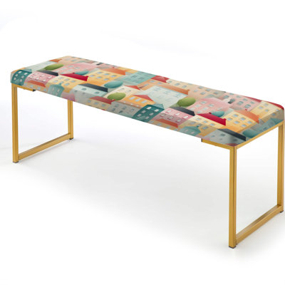 Soft Pastel Color Nordic Town Collage - Abstract Upholstered Gold Bench