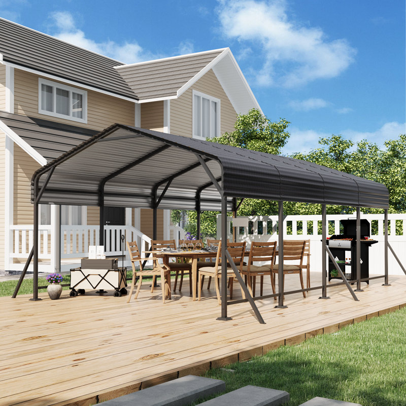 Abri d'auto robuste 12 x 20 pi, abri d'auto extérieur avec toit en acier galvanisé, gris foncé, H 8,5 pi x l 12 pi x P 20 pi