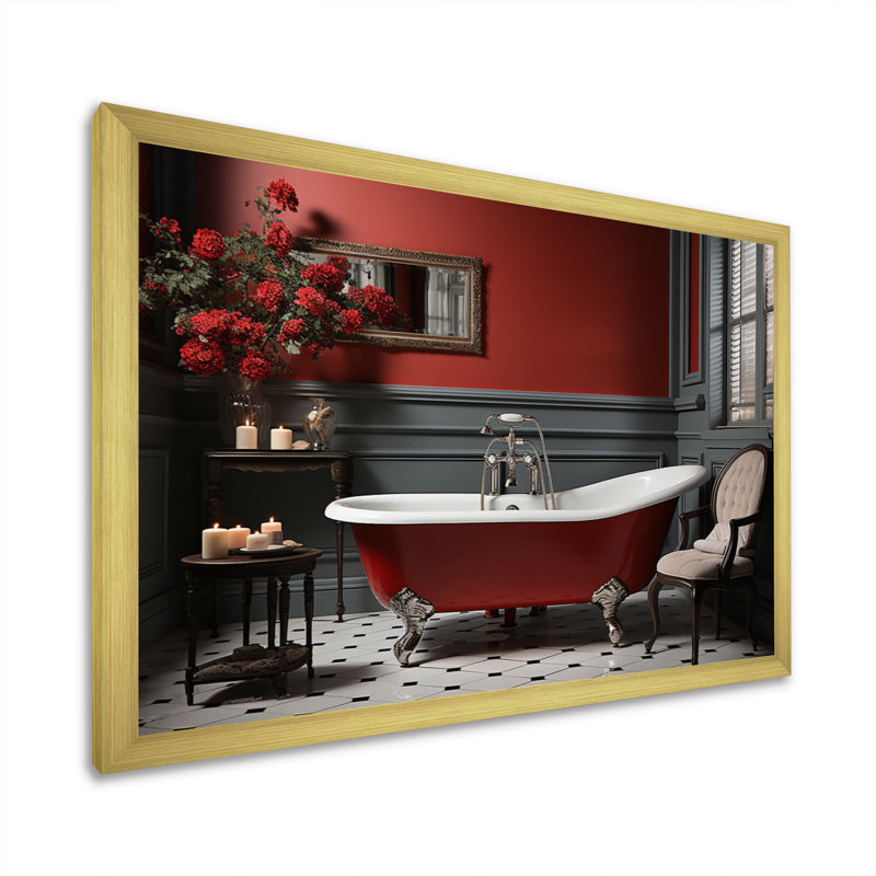 Rouge moderne, charme de salle de bain III - imprimé, H 24 po x l 32 po x P 1 po, Cadre doré à une seule photo