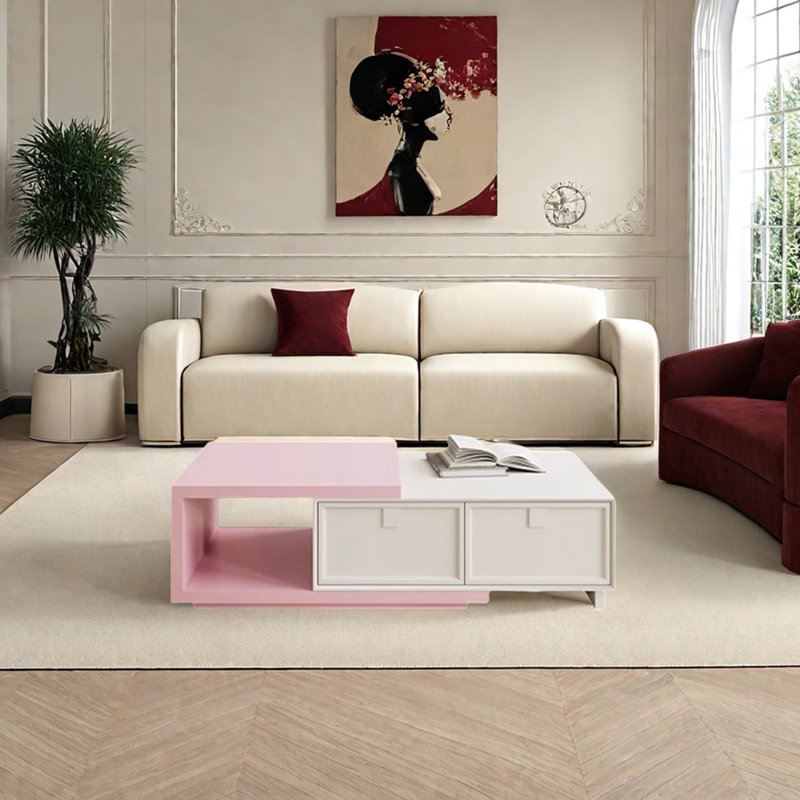 Table basse en bois massif extensible, Crème et rose