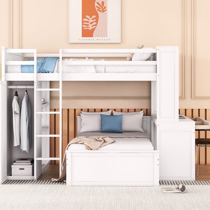 Lit mezzanine blanc avec lit double, lit simple, tablettes, bureau et garde-robe. Maximisez l'espace de la chambre à coucher. Pin. H 65 po x l 78,7 po x L 94,8 po. Pour les familles avec des meubles autonomes. Fabrication solide. Augmenter
