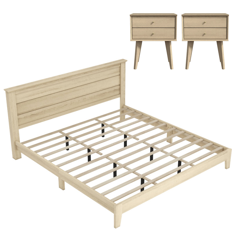Branquinha Midcentury Coordinated 3 Piece Bedroom Set, Oslo Oak, 3 Pcs: Bed, 2 Nightstands, King