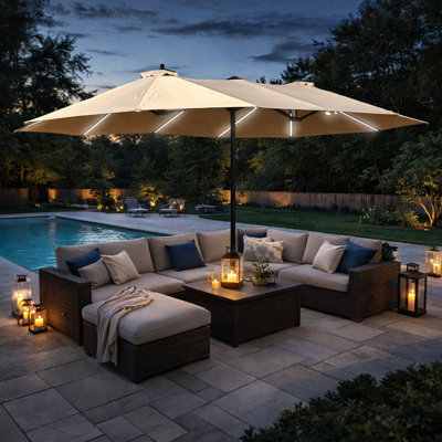 Parasol rectangulaire double face de 15 pi avec lumières solaires Kozyard, parasol de marché extérieur avec manivelle, base incluse, résistant aux rayons UV pour la piscine, la cour et le jardin beige