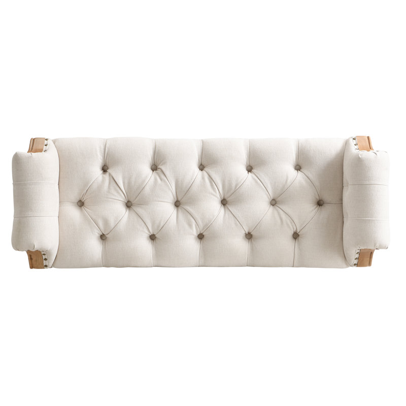 Banc Mid-Century en bois massif touffeté avec accoudoirs roulés et garniture cloutée, Beige, Brown