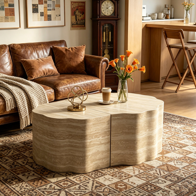 Ensemble de 2 tables basses gigognes FFZ de 40 po au style moderne et minimaliste, sans assemblage, avec plateaux en bois.