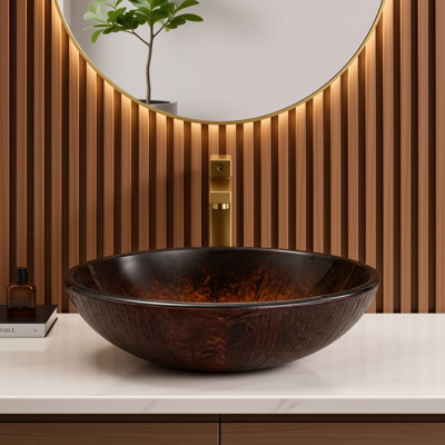 16" Round Tempered Glass Vessel Sink，Artistic Textured Bathroom Sink Vanity Basin