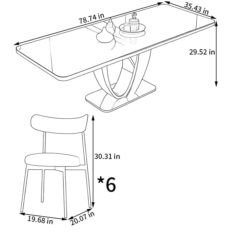 Home rectangular rock plate table and chair set, 29.52"H x 78.74"L x 35.43"W