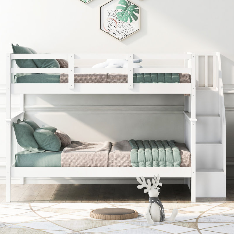 Lit superposé pour escalier avec rangement et garde-corps blanc pour chambre à coucher, pin, tablettes, lit sans ressorts, chambre à coucher, structure solide, escalier sécuritaire, conception séparable