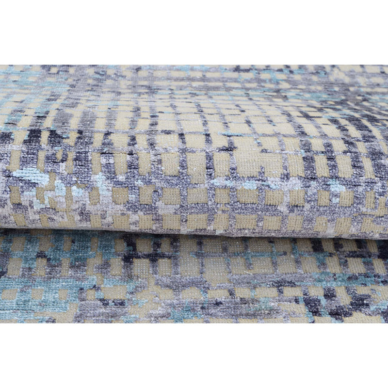 Tapis rectangulaire en laine / viscose noué à la main gris / bleu / beige, Rectangle 8 pi x 10 pi