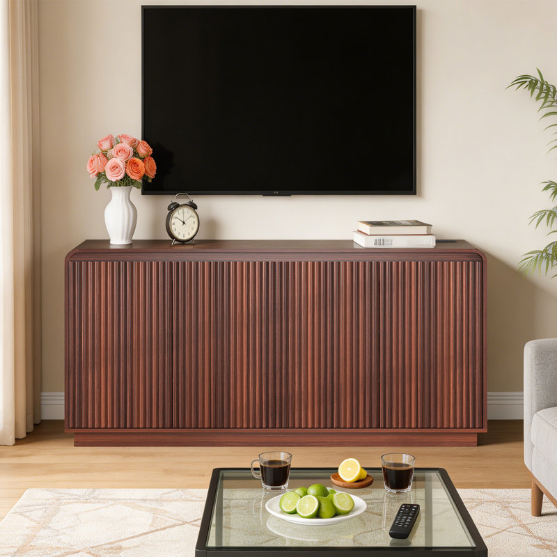 Fluted 4-Door TV Stand with Power Outlet For TVs Up to 85", Walnut