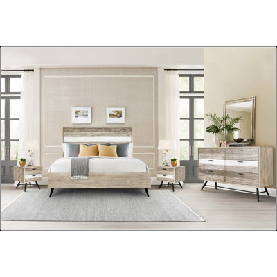 Table de chevet 2 tiroirs Bridges en bois d'acacia deux tons, parfaite pour un décor de chambre à coucher moderne et rustique avec beaucoup de rangement
