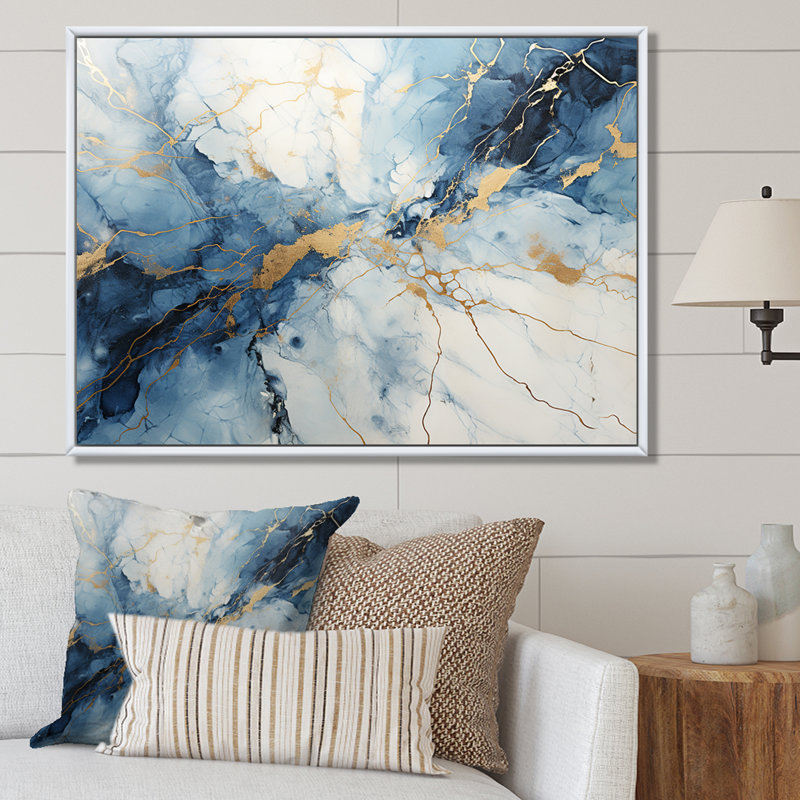 White And Blue Thunderstorm Marble - Lightning Framed Prints, 16" H x 32" W x 1" D, Gold Single Picture Framed
