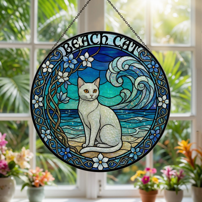 7.8"H Beach Cat Stained Glass Window Panel, 7.8" H x 7.8" W