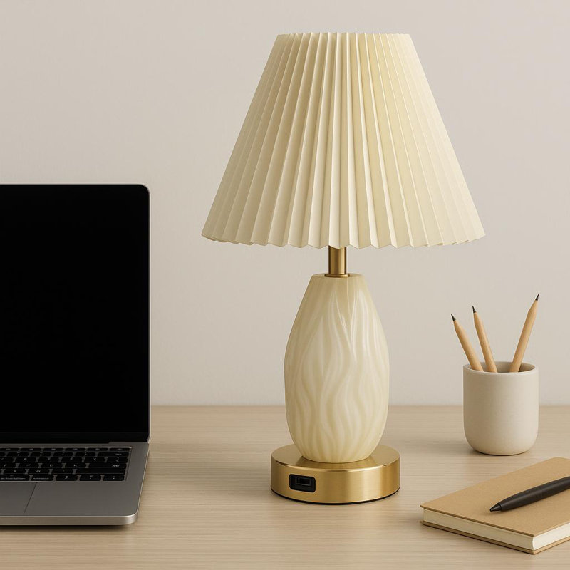3D Printed Table Lamp with USB Charging Port, Cream Ceramic Bedside Lamp with Pleated Fabric Shade, Modern Desk Lamp for Bedroom, Living Room, Office