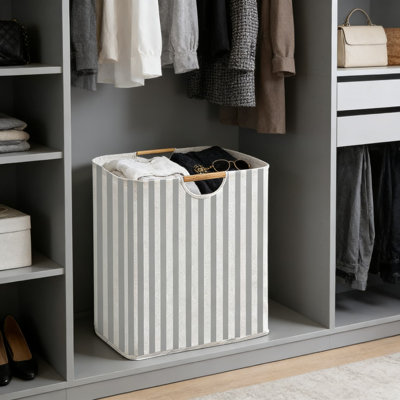 Foldable Laundry Hamper With Wooden Handles - Large Capacity Cotton Linen Storage Basket For Clothes, Toys, And Bathroom Organization