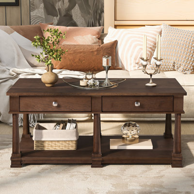 Table basse rectangulaire, 2 tiroirs de rangement et tablette inférieure ouverte, pieds tournés en bois massif, maison de campagne moderne, salon