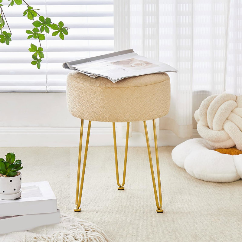 Vanity Accent Stool with Metal legs, Beige