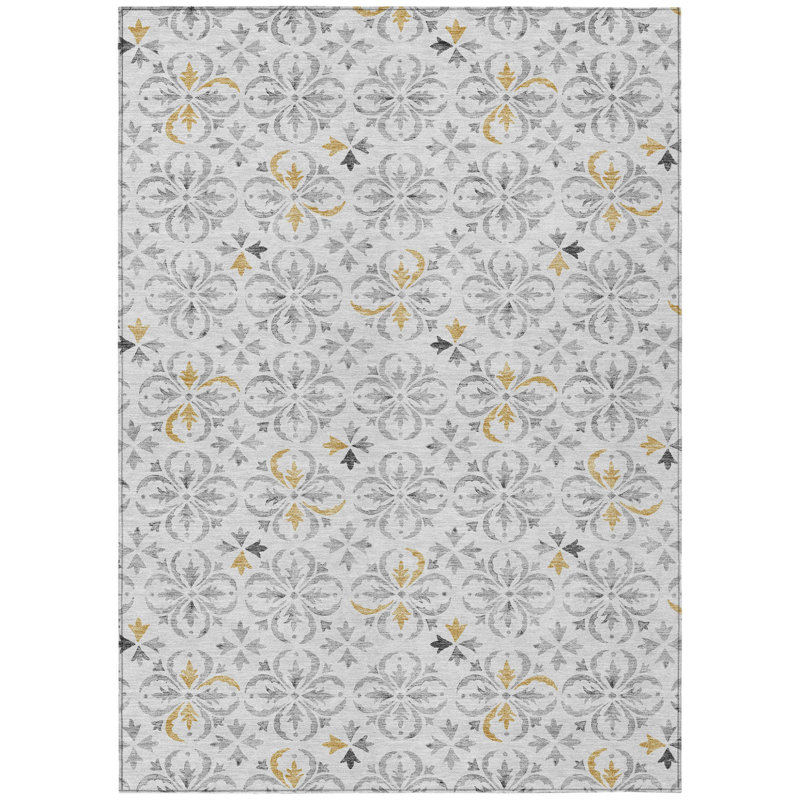 3' X 5' Silver Gray And Gold Floral Washable Indoor Outdoor Area Rug